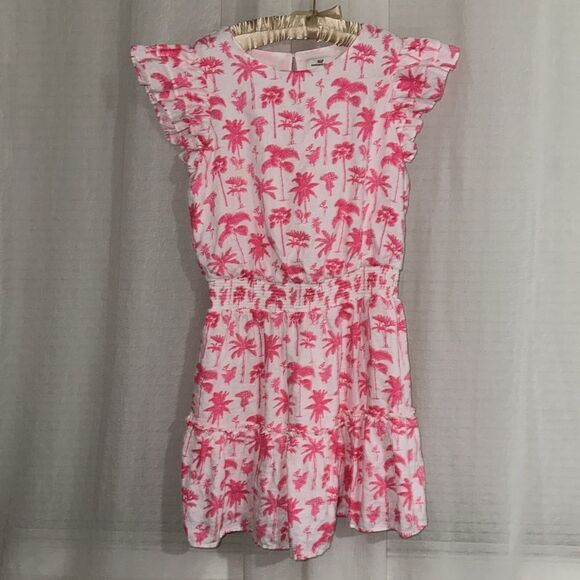 Vineyard Vines M White Pink Palms Plumeria Flutter Sleeve Smocked Ruffle Dress - Picture 1 of 12